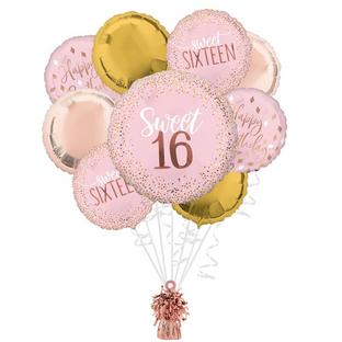 Blush Pink & Gold Sweet 16 Birthday Foil Balloon Bouquet